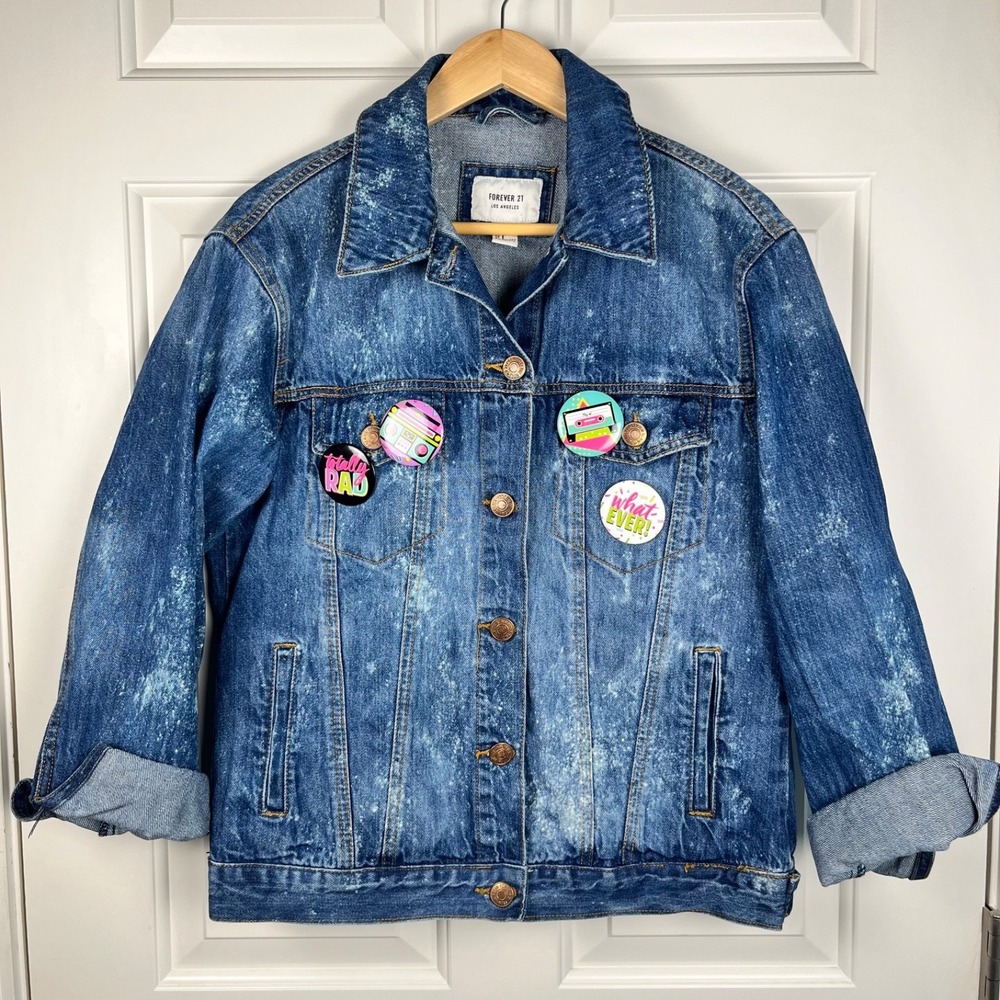 FOREVER 21 Stone Washed Denim Jacket 80's Pins Womens Size S Retro Vintage Inspo